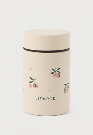 Borcan de mâncare izolat bej cu un inel negru, având un design imprimat cu cireșe roz și frunze verzi, etichetat cu "LIEWOOD" la bază.