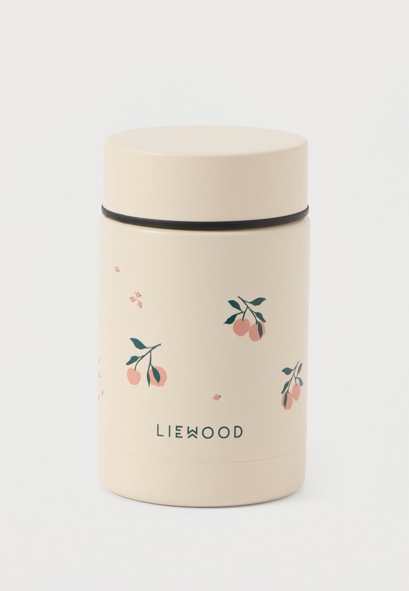 Bežani izolirani posuda za hranu s crnim prstenom, koja ima otisnuti dizajn ružičastih trešanja i zelenog lišća, označena natpisom "LIEWOOD" na dnu.