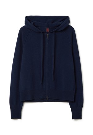 Marineblauwe zip-up hoodie gemaakt van zachte stof, met een capuchon met trekkoorden, raglanmouwen en ribgebreide manchetten en onderrand.