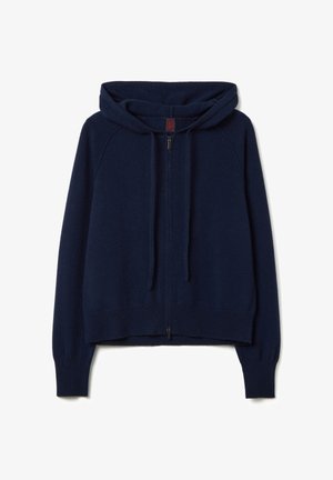 Navy blue zip-up hoodie made of soft fabric, featuring a drawstring hood, raglan sleeves, and ribbed cuffs and hem.