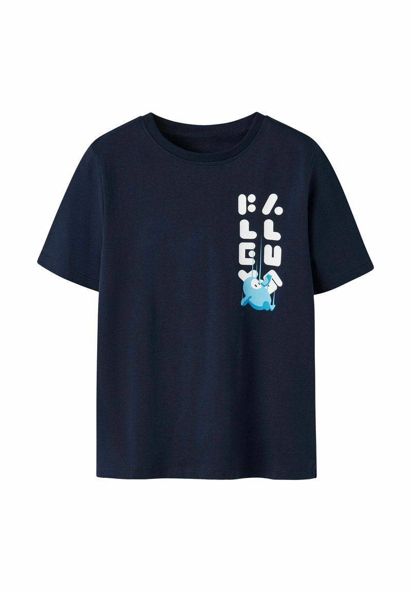 Camiseta de algodón azul marino con un personaje de dibujos animados azul y letras blancas en el lado izquierdo, con cuello redondo y mangas cortas.