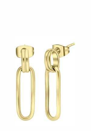 Gouden oorbellen met een langwerpige ovale vorm, uitgerust met een gladde textuur en een stud achterkant. Eenvoudig en modern ontwerp zonder patronen.