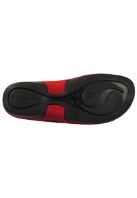 Red felt shoe with a flexible black rubber sole. Features a cushioned footbed and logo detail on the outsole. Smooth surface texture.