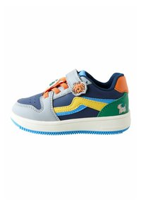Børnesneakers med en blanding af grå, marineblå, gul og grønne syntetiske materialer. Har velcro-strop, farverige snørebånd og dyreaccenter.