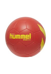 Roter Schaumball für Kinder, mit einem hexagonalen Muster und gelben Marken- und Akzentfarben. Weiche Textur für sicheres Spielen.