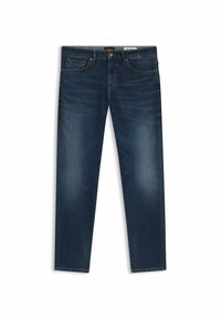 Donkerblauwe denim straight-leg jeans met een klassiek vijf-pocket ontwerp, zichtbare stiksels en een label op de tailleband.