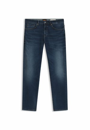 Dark blue denim straight-leg jeans with a classic five-pocket design, visible stitching, and a label on the waistband.