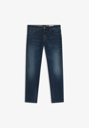 Dark blue denim straight-leg jeans with a classic five-pocket design, visible stitching, and a label on the waistband.