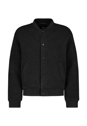 Zwarte bomberjack van gestructureerde stof, met een drukknoopsluiting, ribbelmanchetten en twee zijzakken. Eenvoudig, breed ontwerp.