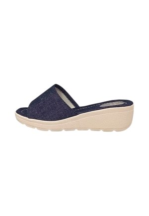 Sandalo aperto davanti blu navy con ampia fascia in tessuto e suola beige a zeppa con grip testurizzato.