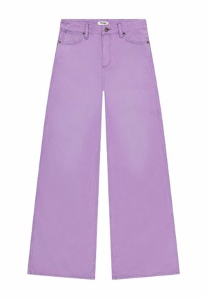 Hellviolette Jeans mit weitem Bein und hoher Taille aus Denim. Verfügt über fünf Taschen und Metallbeschläge.