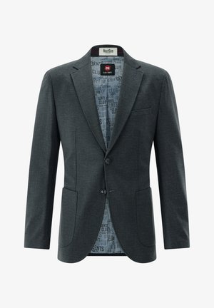 Dunkelgrauer Blazer aus strukturiertem Stoff, mit zwei Fronttaschen, einem Revers mit Stanzung und einem gemusterten Innenfutter mit der Aufschrift "CLUB GENTS".