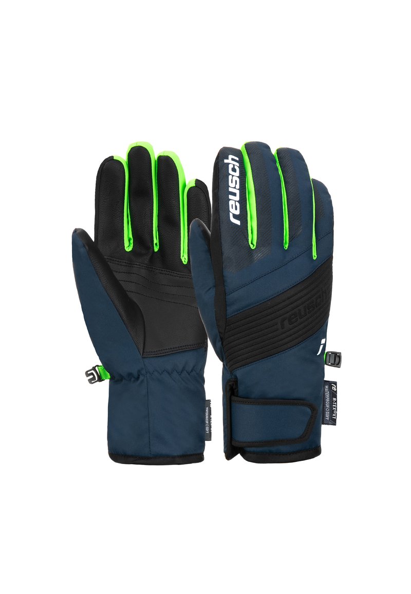 Reusch-Handschuhe aus navyblauem Stoff, mit grünen Akzenten und einer schwarzen Lederhandfläche. Verfügt über einen verstellbaren Riemen und ein wasserdichtes Design.