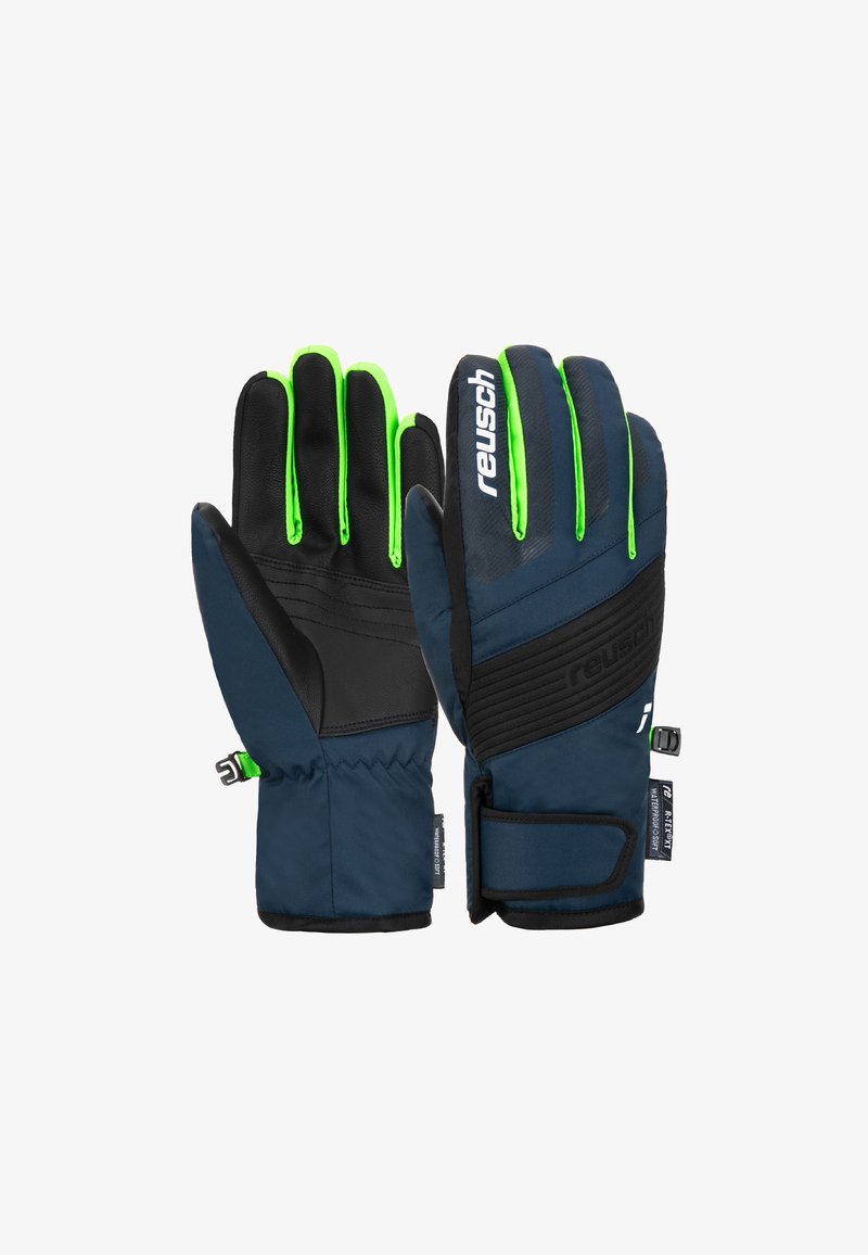 Reusch gloves with a navy blue fabric, green accents, and a black leather palm. Features adjustable strap and waterproof design.
