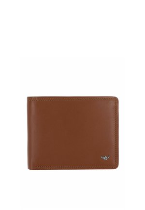 Portefeuille bi-fold en cuir marron avec coutures visibles et petit emblème de logo argenté dans le coin inférieur droit.
