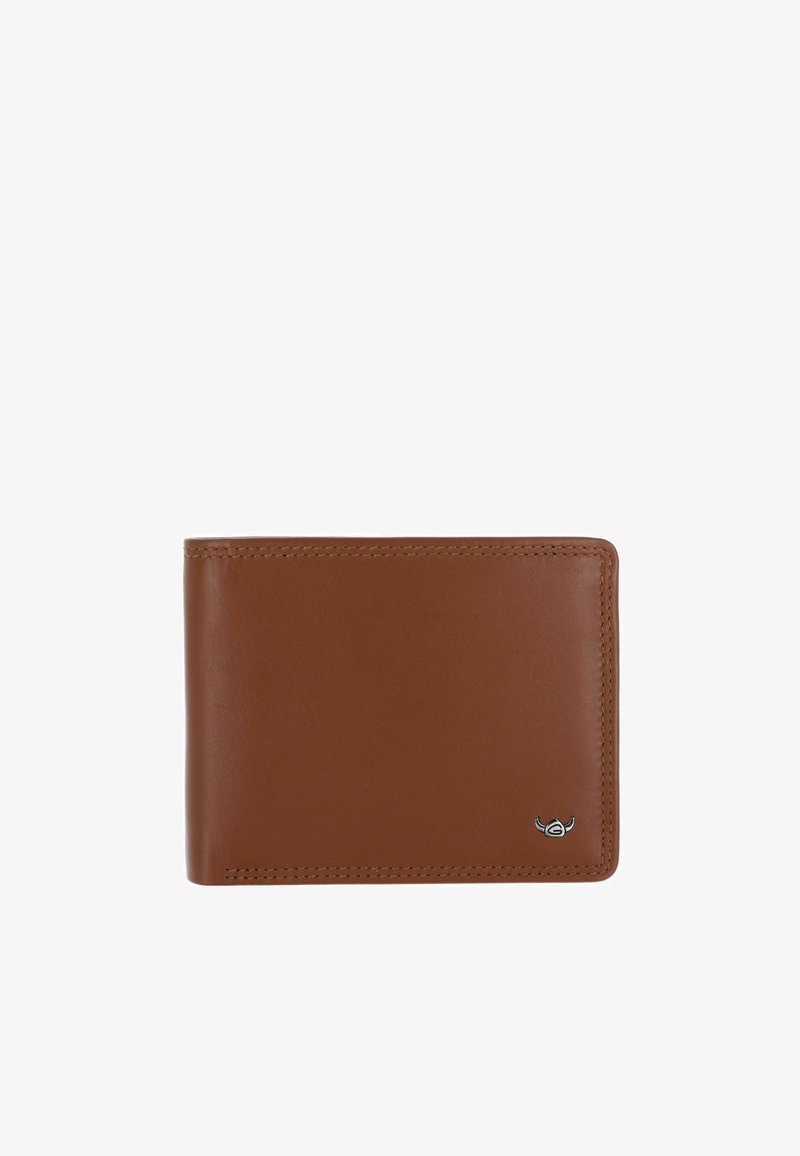 Portefeuille bi-fold en cuir marron avec coutures visibles et petit emblème de logo argenté dans le coin inférieur droit.