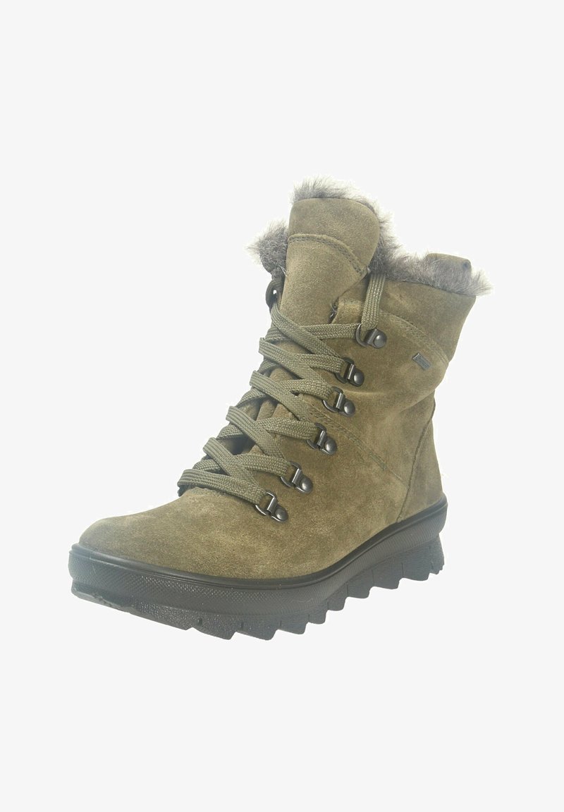 Bottines en suède vert olive avec bord en fausse fourrure, design à lacets robuste, semelle en caoutchouc texturé et œillets renforcés pour la durabilité.