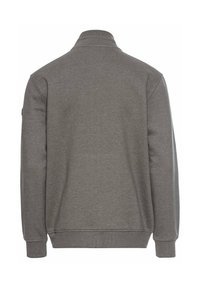 Grå sweatshirt med høj krave, lange ærmer, ribbede manchetter og kant, samt et glat, tekstureret stof. Ingen synlige logoer eller mønstre.