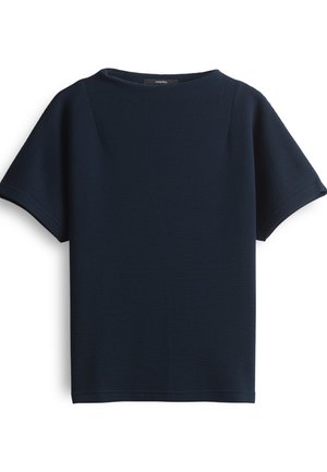 Haut bleu marine à manches courtes texturé avec un col rond. Dispose d'une coupe décontractée et d'épaules sans couture, conçu en tissu léger.