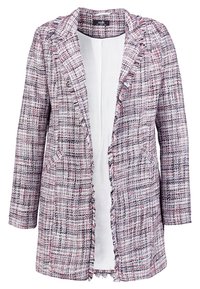 Blazer tejido en rosa, blanco y negro con un aspecto texturizado. Presenta solapa con muesca, frente abierto y dos bolsillos delanteros.