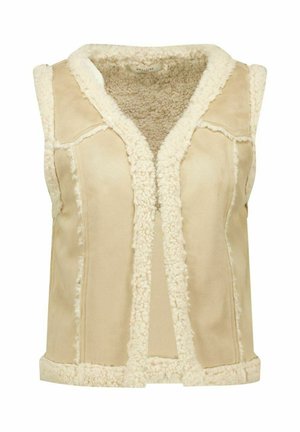 Beige mouwloze shearling-vest met zachte, pluizige voering en afwerking, met een V-hals en een open voorzijde.