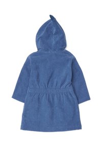 Blauwe badjas van badstof met een capuchon, met een gathered taille. De stof heeft een zachte textuur en een eenvoudig, effen kleurontwerp.