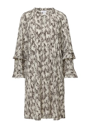 Brown and cream snake print dress with a round neckline, keyhole detail, and ruffled sleeves, made from lightweight fabric.