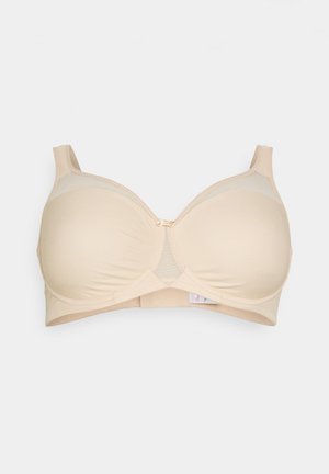 Beige BH aus glattem Stoff, mit Netzeinsätzen, Unterstützung durch Bügel und verstellbaren Trägern; verfügt über einen Frontverschluss mit einem Goldbeschläge.