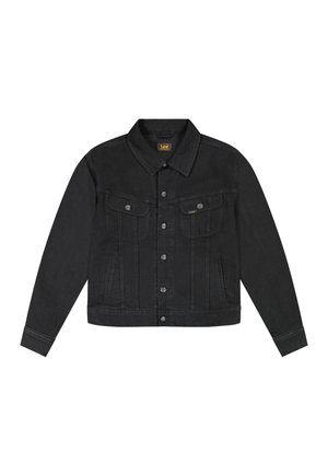 Fekete farmerdzseki elöl gombos, két mellrészen patentos zsebfedővel, oldalán zsebekkel és gallérral, kis sárga Lee márkajelzéssel.