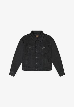 Fekete farmerdzseki elöl gombos, két mellrészen patentos zsebfedővel, oldalán zsebekkel és gallérral, kis sárga Lee márkajelzéssel.