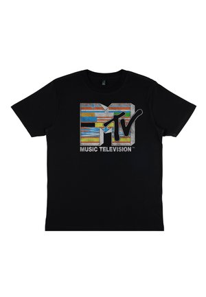 Sort bomulds t-shirt med et farverigt MTV-logo med stribede mønstre. Teksten "MUSIK TELEVISION" står i hvidt nedenfor logoet.