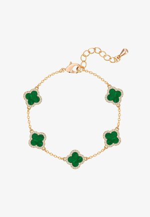 Bracelet chaîne en or avec cinq charms trèfle à quatre feuilles verts, chacun bordé de petites pierres blanches, et un fermoir mousqueton avec maillons réglables.