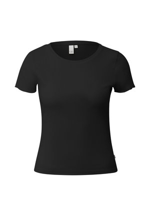 Zwarte, nauwsluitende dames-T-shirt met korte mouwen en ronde hals, maat S, op een witte achtergrond.