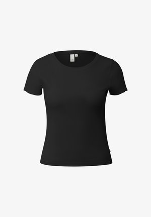 Zwarte, nauwsluitende dames-T-shirt met korte mouwen en ronde hals, maat S, op een witte achtergrond.