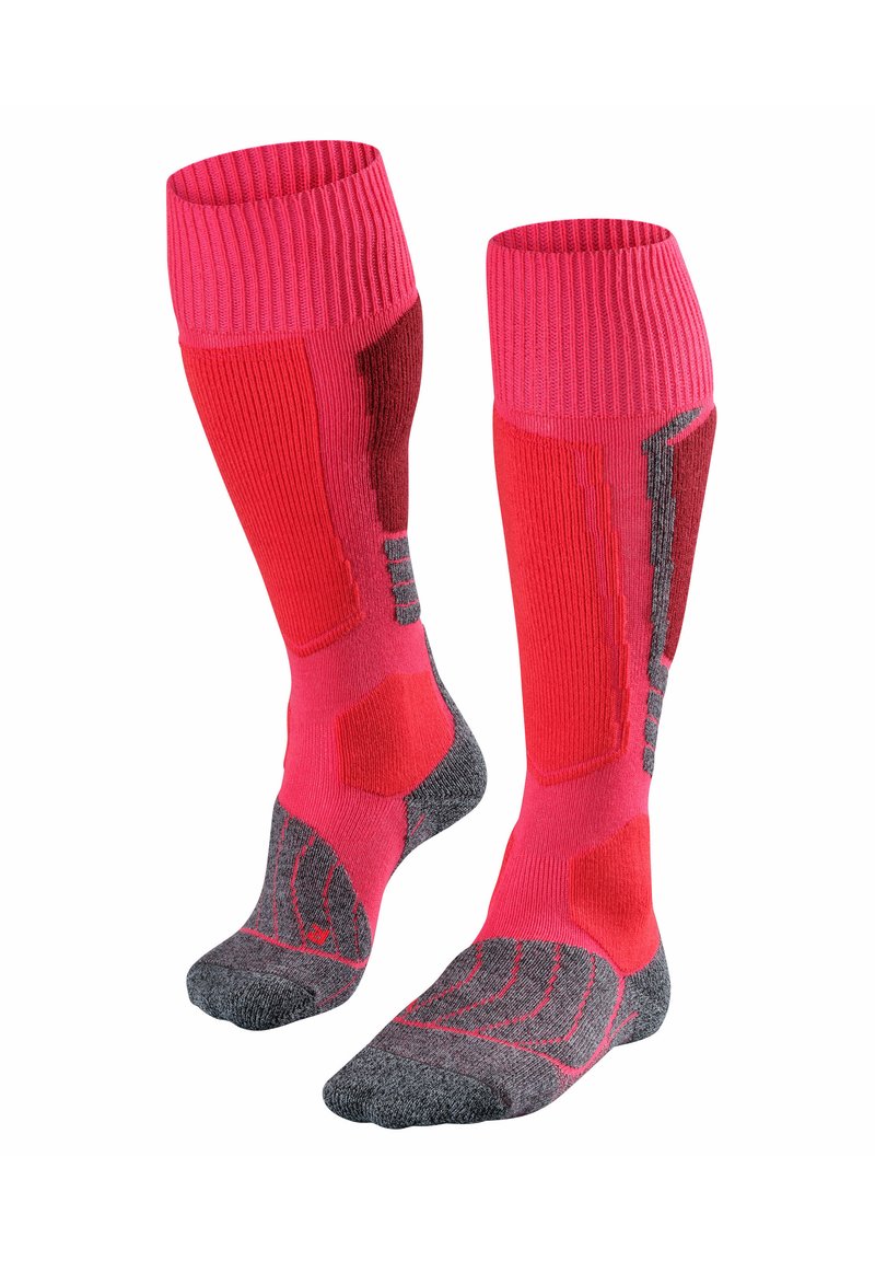 Calcetines hasta la rodilla hechos de materiales mixtos, que presentan secciones de color rosa brillante, rojo y gris, con almohadillas acolchadas y patrones texturizados para un mejor agarre.