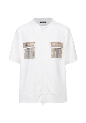 Weißer Kurzarm-Blazer mit Frontreißverschluss und zwei Brustklappentaschen, die mit gold- und silberfarbenen Paillettenmustern verziert sind.