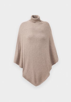 Poncho en laine marron avec un col côtelé haut, présentant un design ample et fluide, et un ourlet pointu à l'avant et à l'arrière.