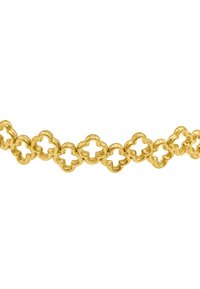 Bracciale in oro con anelli interconnessi a forma di fiore con centri a taglio aperto, finitura lucida e superficie liscia.