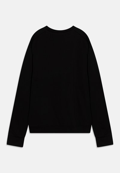 Sudadera negra de manga larga con cuello redondo, puños acanalados y una textura suave. Sin patrones visibles ni detalles de hardware.