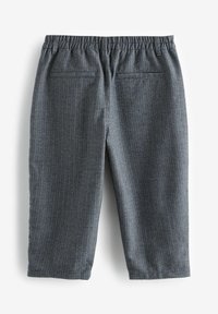 Pantalons gris à carreaux avec une taille élastique, longueur cropped, deux poches arrière et un tissu texturé.