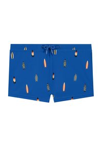 Mėlyni plaukimo šortai iš lengvos medžiagos su juosmens raišteliu, puošti spalvingų banglentininkų raštu.