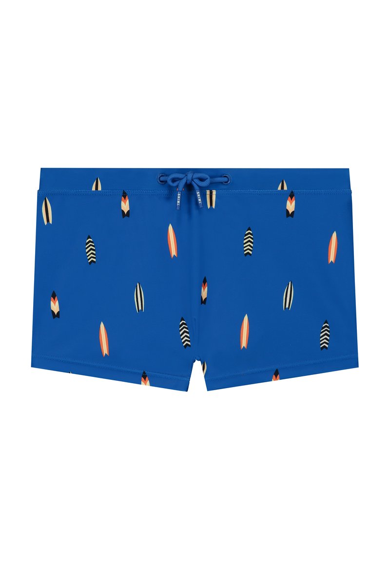 Mėlyni plaukimo šortai iš lengvos medžiagos su juosmens raišteliu, puošti spalvingų banglentininkų raštu.