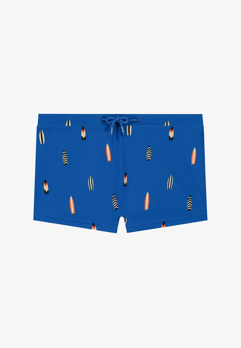 Mėlyni plaukimo šortai iš lengvos medžiagos su juosmens raišteliu, puošti spalvingų banglentininkų raštu.