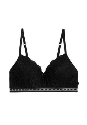 Sort blonde-bralette med blomsterdesign, bløde kopper, justerbare stropper og en dekorativ kant med skiftende bogstaver og prikker.