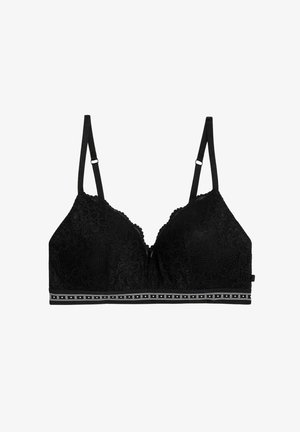 Bralette in pizzo nero con motivo floreale, coppe morbide, spalline regolabili e una fascia decorativa con lettere e punti alternati.
