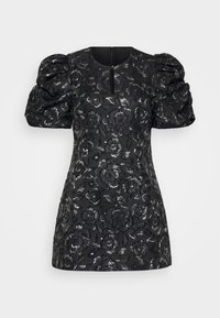 Čierne šaty s textúrovaným kvetinovým vzorom a lesklými akcentmi, s krátkymi puffovými rukávmi a predným zipsom.