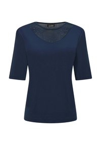 Navyblaues kurzärmeliges Oberteil mit einem durchsichtigen, gepunkteten Mesh-Yoke. Es hat ein V-Ausschnitt-Design und eine glatte Textur.