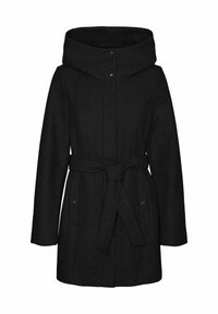 Manteau noir avec une large capuche pliée, une ceinture à nouer à la taille et deux poches avant. Fabriqué en tissu texturé, avec des fermetures à boutons-pression.