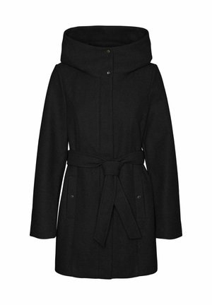 Black coat with a wide, folded hood, tie belt at the waist, and two front pockets. Made from textured fabric, featuring snap closures.