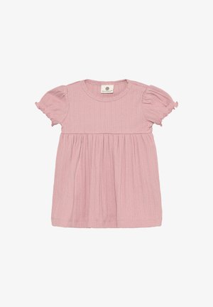 Vestido rosa para bebé de manga corta con mangas abullonadas y textura acanalada, con cintura fruncida y escote redondo.